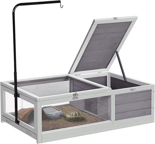 Tortoise Habitat Tortoise House Wooden Large Turtle Enclosure for Small Reptile Animals Outdoor & Indoor Use, Adjustable Lamp Holder Include