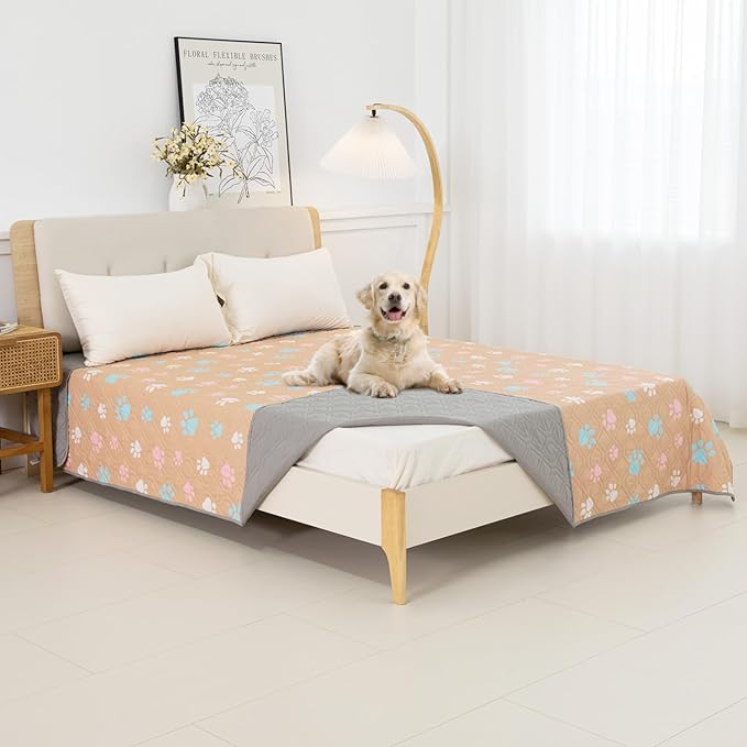 BOCTOPUG Dog Bed Cover for Pets Blankets Rug Pads for Couch Protection Waterproof Bed Covers Dog Blanket Furniture Protector Reusable Changing Pad (Yellow+Colorful Paw, 82"x82")