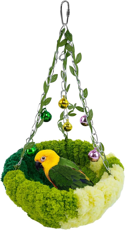 Bird Nest with Bell for Cage,Plush Hanging Bird Bed for Parakeet Indoor & Outdoor,Breeding Bird House for Conure,Budgie,Cockatiel,Lovebird,Canary,Finch,Hamster,Small Pets,Warm Nest,Green L