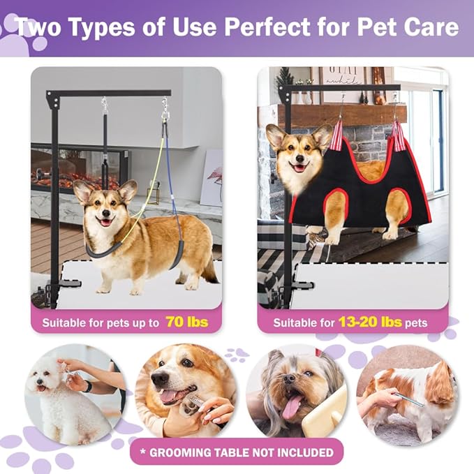 Dog Grooming Arm with Clamp, Heavy Duty Pet Grooming Table Arm with Grooming Hammock, Loop Noose & Two No-Sit Haunch Holder, 36" Height Adjustable for Medium & Small Pets, Black