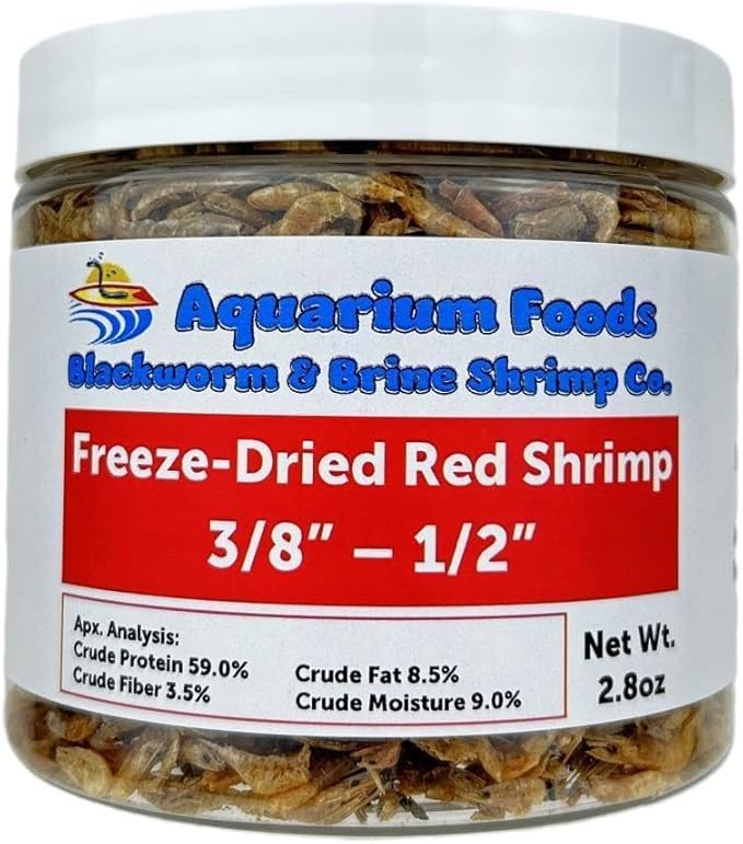 Aquatic Foods Inc. Red River Shrimp - Freeze-Dried 3/8" to 1/2" Red River Shrimp for Cichlids, Koi & Pond Fish, Aquatic Turtles, All Community Tropical Fish, Reptiles, Rodents…2.8oz Med Round Jar
