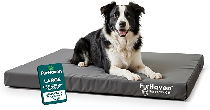 Furhaven Water-Resistant Orthopedic Dog Bed for Large/Medium Dogs w/ Removable Washable Cover, For Dogs Up to 55 lbs - Indoor/Outdoor Logo Print Oxford Polycanvas Mattress - Stone Gray, Large