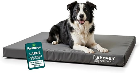 Furhaven Water-Resistant Orthopedic Dog Bed for Large/Medium Dogs w/ Removable Washable Cover, For Dogs Up to 55 lbs - Indoor/Outdoor Logo Print Oxford Polycanvas Mattress - Stone Gray, Large