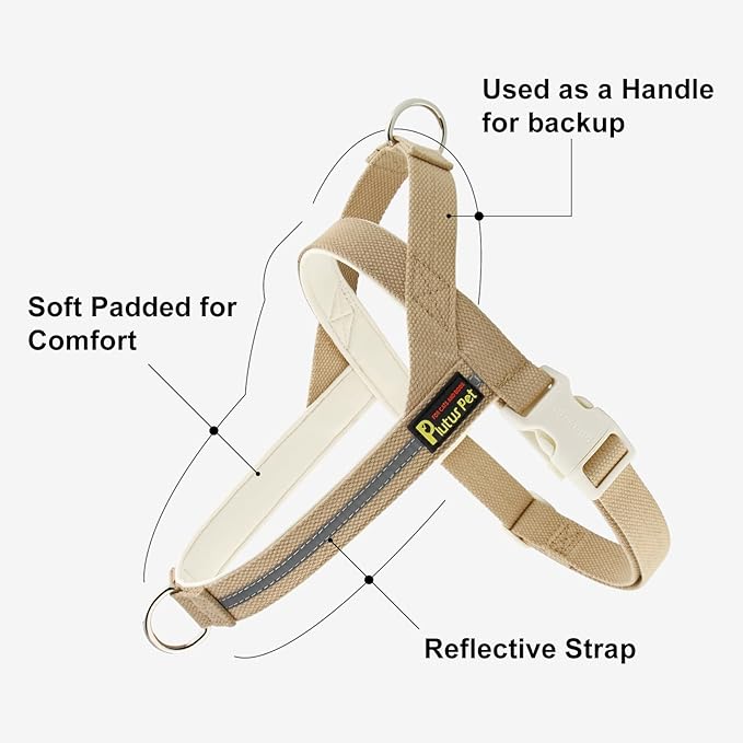 Plutus Pet Cotton Dog Harness and Leash Set, Reflective and Soft Padded, Quick Fit Vest Harness, for Small, Medium and Large Dogs, Beige, L