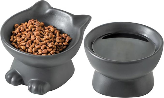 Nihow Elevated Cat/Dog Bowls Set : 5 Inch Ceramic Raised Cat Food and Water Bowl Set for Protecting Pet's Spine - Feeding & Watering Supplies for Pets- Matte Black (2PC)