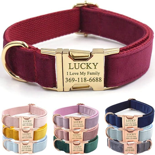 PETDURO Custom Dog Collar Personalized with Name Engraved Gold Metal Buckle for Large Medium Small Girl Dogs - Dog Leash Bow Tie and Harness Available - Soft Comfy Velvet (Claret G, XS)