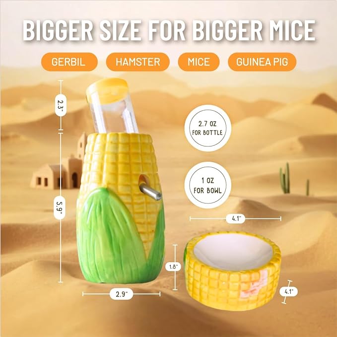 Corn Ceramic Hamster Water Bottle Stand with Food Bowl Hamster, Syrian, Gerbil, mice Water Bottles with Holder Water Feeder for Small Animals, Hamster Cage Accessories