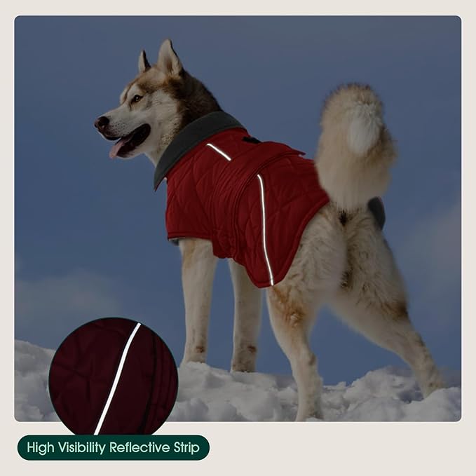Kuoser Dog Coat, Super-Warm Dog Jacket Windproof Pet Cold Weather Coats for Extra Large Dogs, Fleece Lining Quilted Turtleneck Puppy Snowsuit Reflective Adjustable Doggie Winter Clothes, Red, 2XL