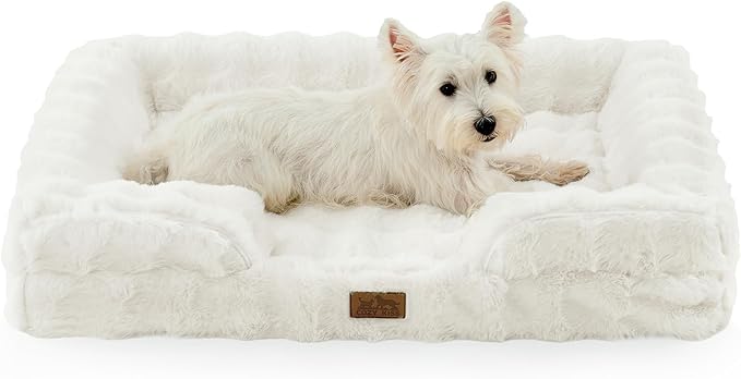 Faux Fur Orthopedic Dog Bed, Pet Couch for Large Dog, Big Supportive Foam Bolster Sofa with Waterproof Lining Cover, Anti-Slip, Soft, Warm, Washable, C-Shaped, 36x27x6.5 inch, Beige