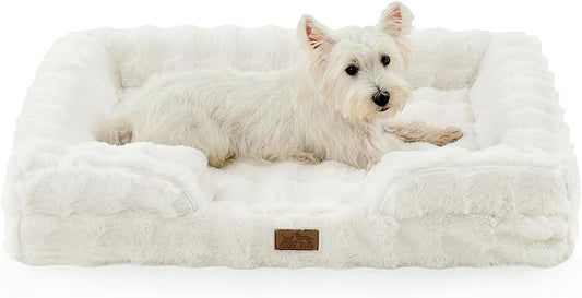 Faux Fur Orthopedic Dog Bed, Pet Couch for Large Dog, Big Supportive Foam Bolster Sofa with Waterproof Lining Cover, Anti-Slip, Soft, Warm, Washable, C-Shaped, 36x27x6.5 inch, Beige