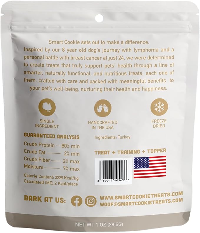 Smart Cookie Turkey Freeze Dried Cat Treats – Single Ingredient, High-Protein Snacks for Picky Cats – 100% Lean Turkey, No Fillers or Additives, Made in The USA – 1oz