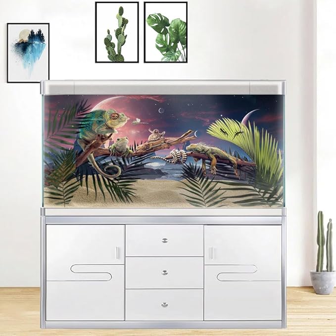 48X18IN Cosmic Spaceterrarium Background, Cool Parallel Space Themed Aquarium Reptile Habitat Background, Red Moon Aquarium Background with 10EVA Double-Sided Tape