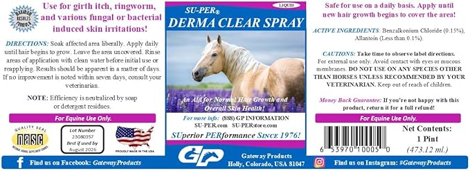 SU-PER Derma Clear Spray for Horses - Normal Hair Growth & Overall Skin Health - Anti-Fungal & Anti-Bacterial Shampoo - 1 Pint, (4 Pack)