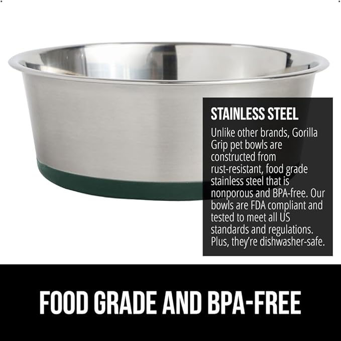 GORILLA GRIP Set of 2 Dog Bowls, Holds 8 Cups (64 fl oz), Heavy Duty Metal Food and Water Bowl for Feeding Dogs and Cats, Dishwasher Safe, Rust Resistant Stainless Steel, BPA Free Rubber Base, Green