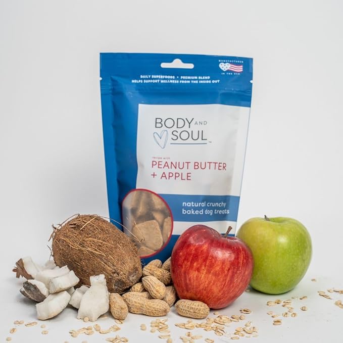 Body and Soul Peanut Butter + Apple Crunchy Dog Treats – Superfood Biscuits Baked with Oats, Barley & Quinoa – All-Natural Plant Based Clean Protein, No Additives or Fillers – Made in USA, 10oz