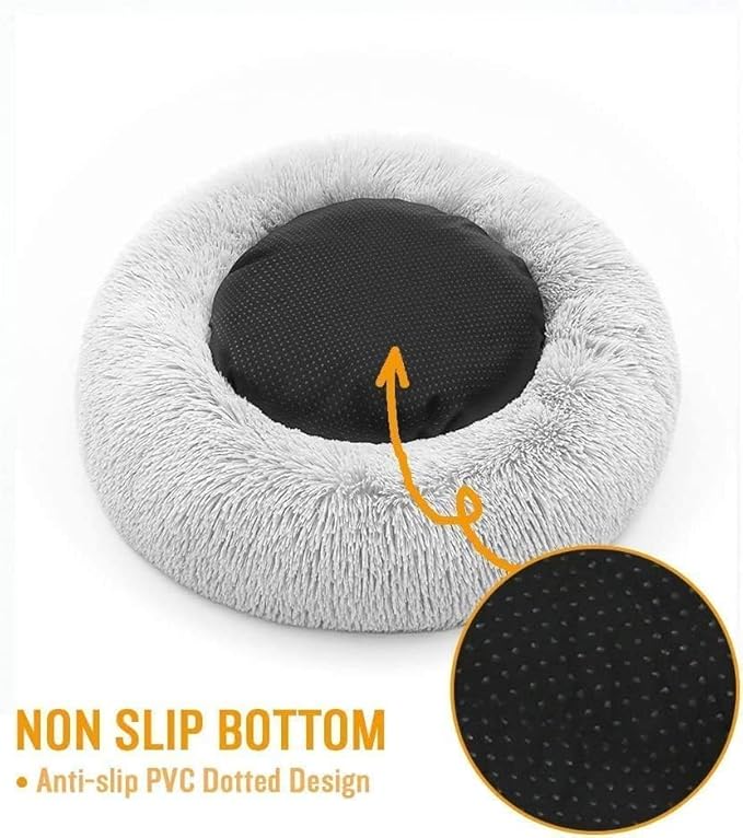 KittyComforts 24 inch Washable Round Plush Faux Fur Cat Bed - Anti-Anxiety Dog & Cat Bed for Small to Medium Pets - Thick Bottom (Light Grey, Large)