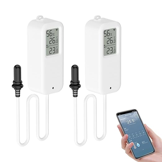 Aquarium Thermometer, Smart Fish Tank Thermometer App Monitor, Free Data Export ℉/℃, WiFi Hygrometer for Babyroom, Greenhouse, Fish Tank, Refrigerator, White 2 Pack with Screen