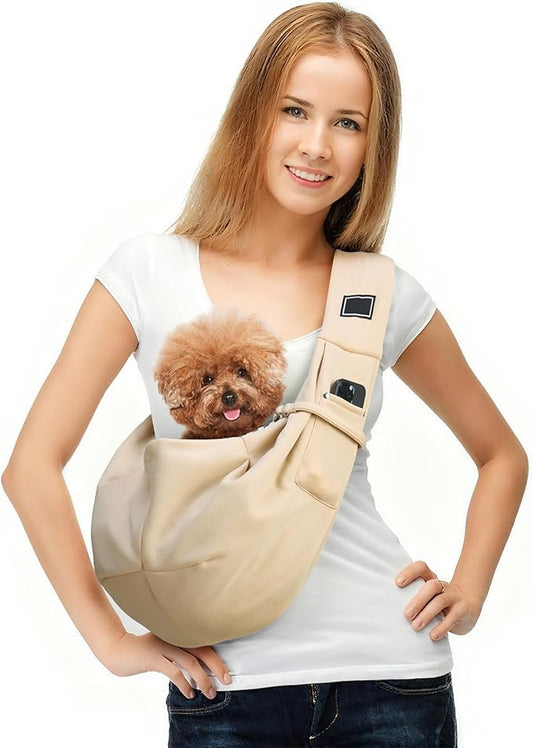 Sling Carrier for Small Pets, Hands Free Cat Sling, Reducing Back Neck Pain Anti-Anxiety Dog Front, Adjustable Soft Dog Carrying (Ivory)