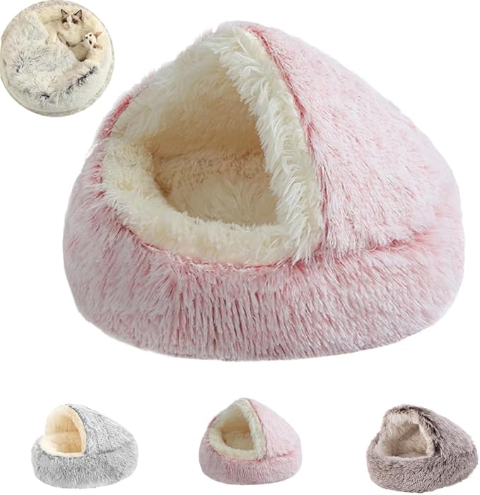 Plush Fluffy Dog and Cats Round Bed, Ultra-Soft Plush with Raised Rim, Non-Slip Bottom, Plush Cat Bed with A Cover, for Small Dogs and Cats (Pink, X-Large)