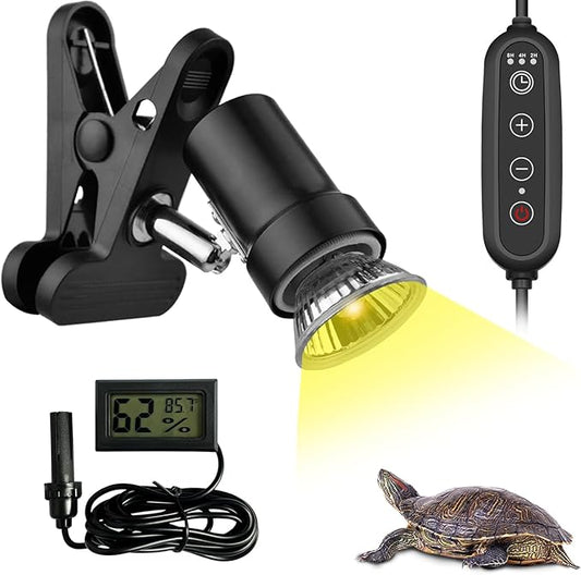 DOMICA Dimmable Reptile Heat Lamp with Timer + 50W UVA UVB Light Bulb, Tortoise Basking Spot Light, Heating Lamp for Turtle, Lizard, Snake, Beared Dragon, Bird Cage