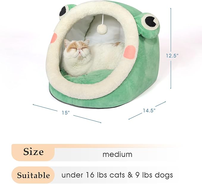 Jiupety Cute Cat Bed, Indoor Lovely Velvet Igloo for Cat and Small Dog, Warm Cave Sleeping Nest Bed for Puppy and Kitten, Green Frog, M