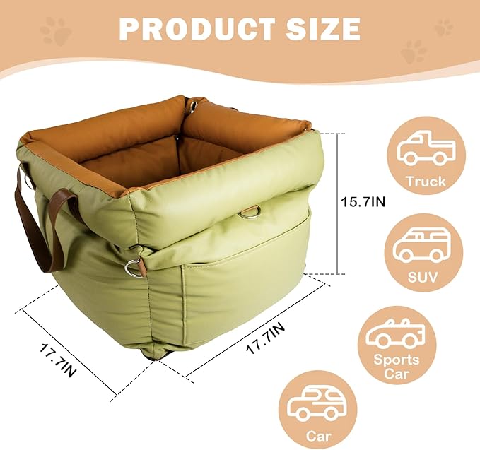 Dog Car Seat for Large Dogs, Large Leather Dog Car Bed with Storage Pocket, Waterproof PVC Leather Booster Seat Travel Bed for Front & Back Seat, Clip-On Safety Leash (Green/Brown)