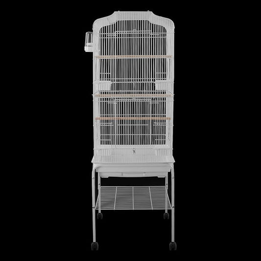 Freestanding Bird Cage Large Bird Cage with 4 Feeding Bowls & Waterer & 4 Universal Wheels & 2*Brake & Storage Rack & Slide-Out Tray & Mesh Panel Budgie Aviary for Balconies, in Homes, Shop（White）