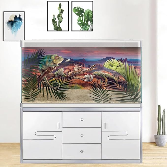 30X18IN Desert Loess Rock Cactus Oasis Reptile Habitat Background, Natural Sunset Desert Themed Terrarium Background, Aquarium Background with 10 EVA Double-Sided Tape
