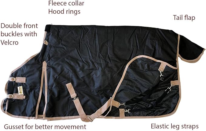 AJ Tack 1200D Waterproof Winter Horse Blanket - 400g Heavyweight Turnout with Fleece Collar, Shoulder Gussets & Tail Flap - Black 76"