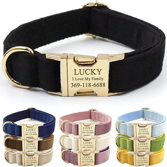 PETDURO Custom Dog Collar Personalized with Name Engraved Quick Release Rose Gold Metal Buckle for Large Medium Small Girl Dogs - Dog Leash and Bow Tie Available - Soft Comfy Velvet (Black G, L)