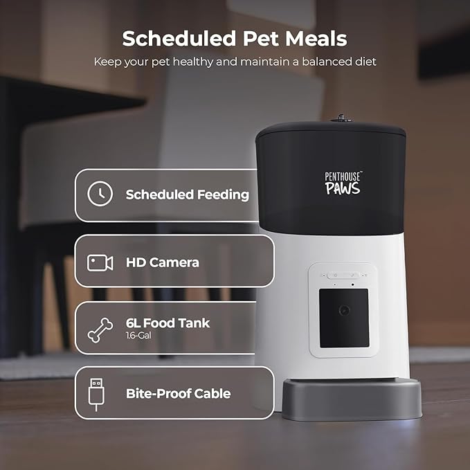 Smart HD Automatic Cat Feeder with 1080P Camera & Night Vision, 2-Way Audio, WiFi App Control, Anti-Jam 6L Pet Feeder with Battery Backup, Schedules Up to 15 Meals for Cat & Dog White Stainless Steel