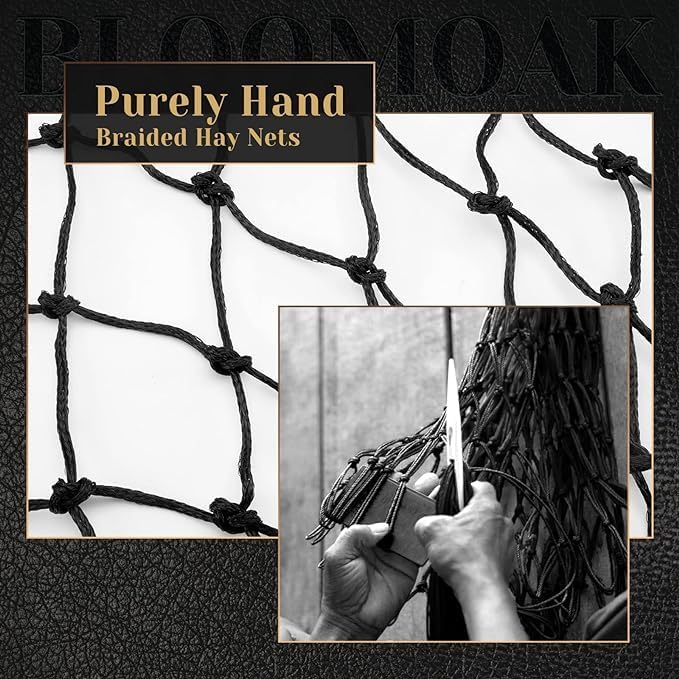 Bloomoak Slow-Feed-Hay-Net for Horses, 40" Hay Net with 2" Hole for Horse and Goat, Handwoven Hay Net, Heavy Duty PE,Easy Fill with Rings（2PCS