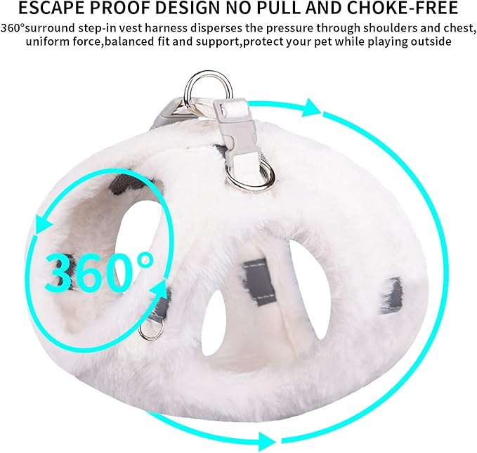 AIITLE Step in Dog Harness and Leash Set - Warm and Cozy Dog Vest Harness with Magic Tape Design, Reflective No-Pull Plush Pet Harness for Outdoor Walking, Training for Small Dogs, Cats White XXS