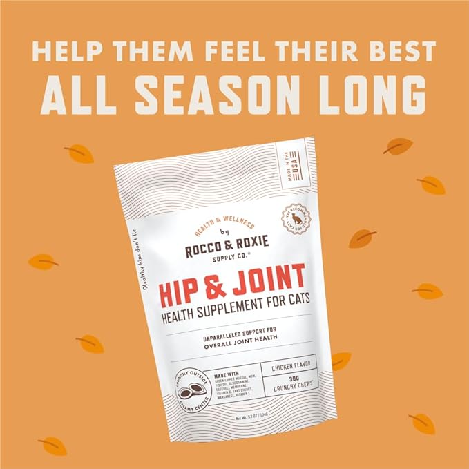 Rocco & Roxie Senior Cat Hip & Joint Supplements - Chicken Flavored Glucosamine Joint Supplement for Cats, Cat Arthritis Pain Relief, with Green Lipped Mussel, Made in USA, Over 300 Crunchy Chews
