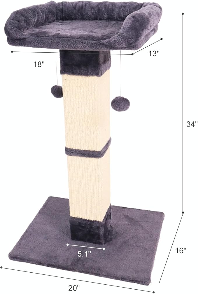 34" Cat Scratching Post for Indoor Cats, Sisal Cat Scratcher with Plush Perch and with Two Dangling Balls, Large Scratch Post with Bed, Removable Cover, Sisal Fabric