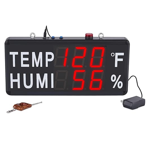 JIAWANSHUN Large Led Digital Thermometer Hygrometer, -40°F-248°F & 0-100% RH, High Accuracy 4" LED Temperature and Humidity Monitor with Alarm, Industrial Use for Chicken Farm,Pet House&Greenhouse