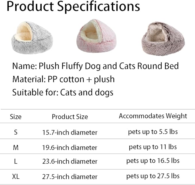 Plush Fluffy Dog and Cats Round Bed, Ultra-Soft Plush with Raised Rim, Non-Slip Bottom, Plush Cat Bed with A Cover, for Small Dogs and Cats (Gray, Large)
