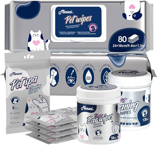 MIOSSZI Pet Grooming Kit 4in1: 40 Glove Wipes, 50 Ear Wipes, 160 Body & Paw Wipes, 130 Eye Wipes for Dogs & Cats - Hypoallergenic with Coconut Oil & Aloe Vera, Rinse-Free Care