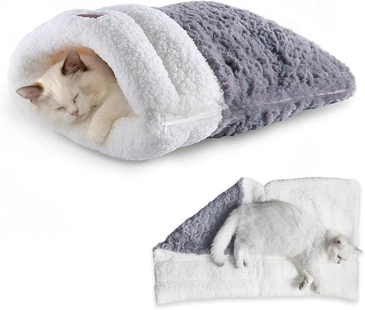 Cat Sleeping Bag 5 in 1 with Zipper Cute Self Warming Cat Bed Cave with Plush Portable Snuggle Sack/Hideway for Indoor Cats & Small Pets Grey 21×17 Inch