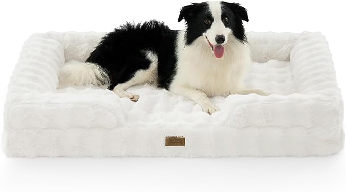 Faux Fur Orthopedic Dog Bed, XL Pet Couch for Extra Large Dog, Big Supportive Foam Bolster Sofa with Waterproof Lining Cover, Anti-Slip, Soft, Warm, C-Shaped, 48x35x8 inch, Beige