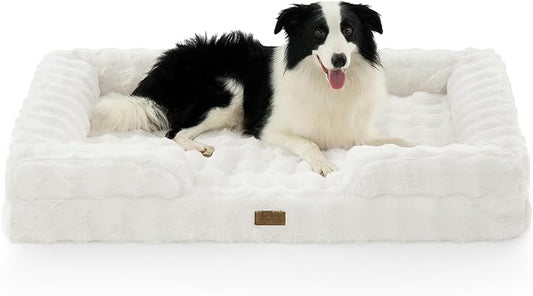 Faux Fur Orthopedic Dog Bed, XL Pet Couch for Extra Large Dog, Big Supportive Foam Bolster Sofa with Waterproof Lining Cover, Anti-Slip, Soft, Warm, C-Shaped, 48x35x8 inch, Beige