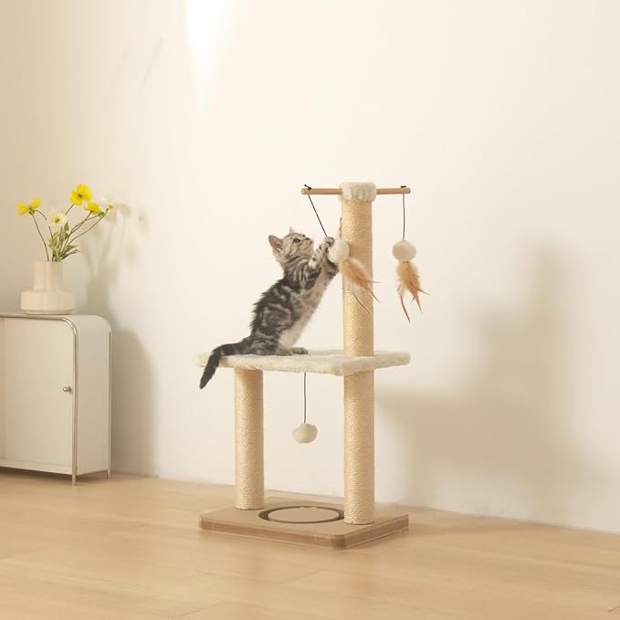 PEEKAB Cat Scratching Post 31in Tall Sisal Scratch Posts with Perch Tracking Interatcive Toys Vertical Scratcher for Indoor Cats and Kittens,Three Hanging Ball Self Massage Brush Beige