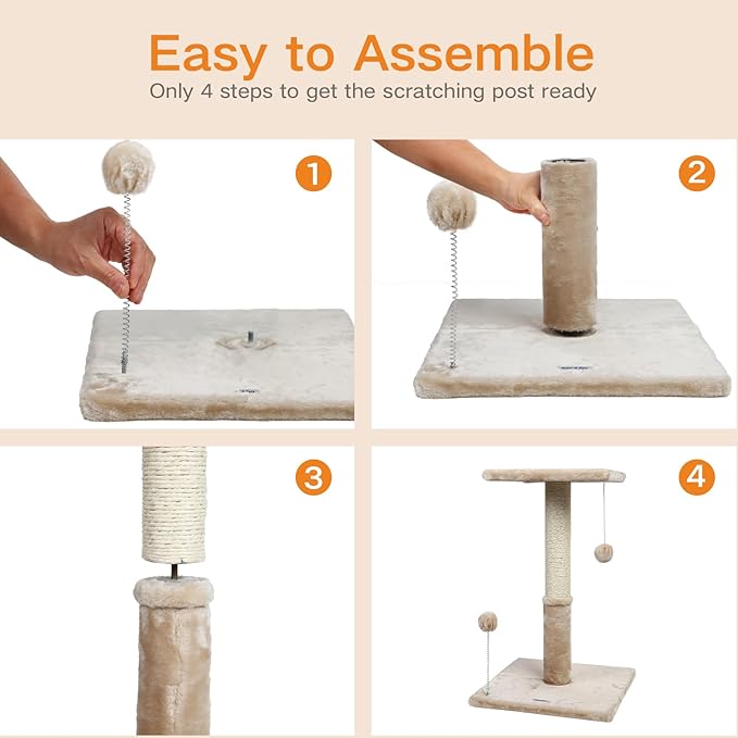 Happi N Pets 26" Cat Scratching Post with Platform, Sisal Cat Tree Tower for Indoor Cats, Featuring with Hanging Balls & Cozy Cat Perch, Stable Cat Scratch Posts for Kittens-Beige