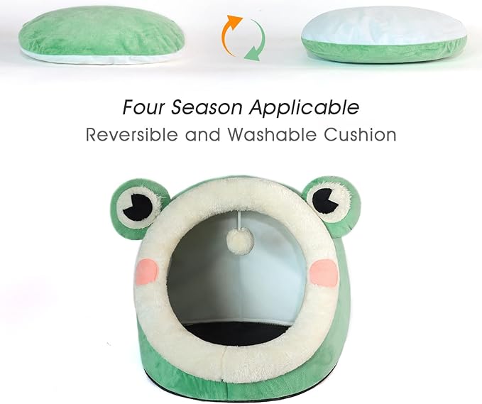 Jiupety Cute Cat Bed, Indoor Lovely Velvet Igloo for Cat and Small Dog, Warm Cave Sleeping Nest Bed for Puppy and Kitten, Green Frog, M