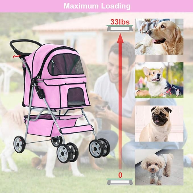 BestPet 4 Wheels Pet Stroller Cat Dog Cage Stroller Travel Folding Carrier 04T