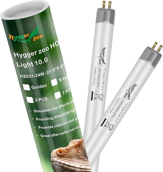 T5 UVB Reptile Light 24W 10.0 + UVA Light Bulb for Reptiles, 2-Pack Lamp Tube for Bearded Dragon, Desert-Grade Reptile UVB lamp Fixture