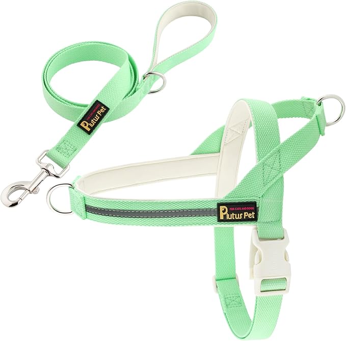 Plutus Pet Cotton Dog Harness and Leash Set, Reflective and Soft Padded, Quick Fit Vest Harness, for Small, Medium and Large Dogs, Light Green, L
