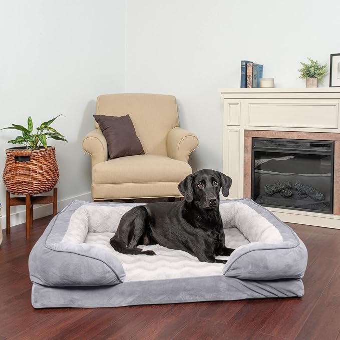 Furhaven Orthopedic Dog Bed for Large Dogs w/ Removable Bolsters & Washable Cover, For Dogs Up to 95 lbs - Plush & Velvet Waves Perfect Comfort Sofa - Granite Gray, Jumbo/XL