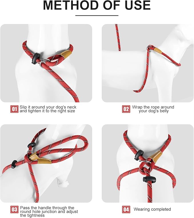 Lynxking No Pull Rope Dog Harness No Pull Reflective Leash Harness Collar 3 in 1 Dog Halter Harnesses Adjustable for Large Giant Dog (Red, Small 3/8 inch)