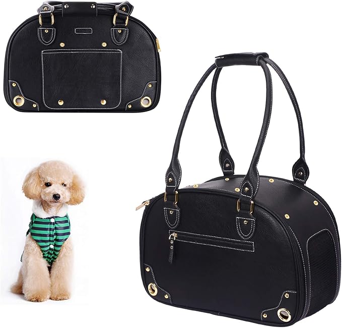 PetsHome Dog Carrier Purse, Pet Carrier, Cat Carrier, Foldable Waterproof Premium PU Leather Pet Travel Portable Bag Carrier for Cat and Small Dog Home & Outdoor Medium Black